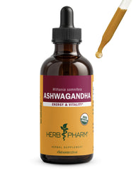 Herb Pharm frasco frontal mostrando etiqueta orgánica y beneficio de pureza