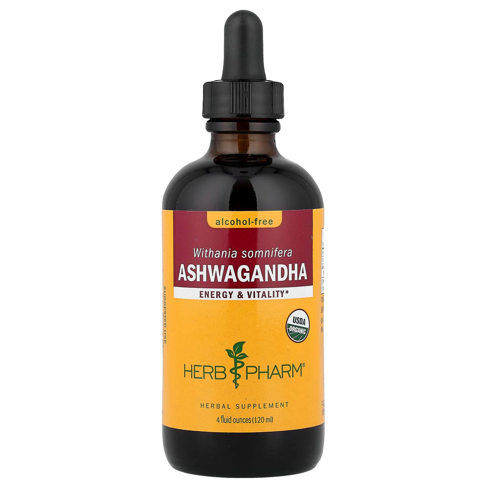 Herb Pharm botella frontal de Ashwagandha, presentación 4 oz y etiqueta clara