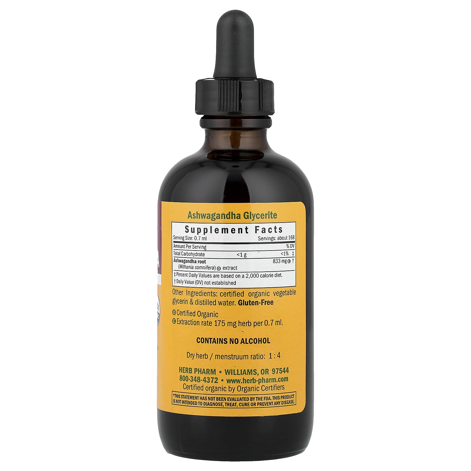 Herb Pharm gotero con líquido de Ashwagandha vertido en agua, dosificación fácil