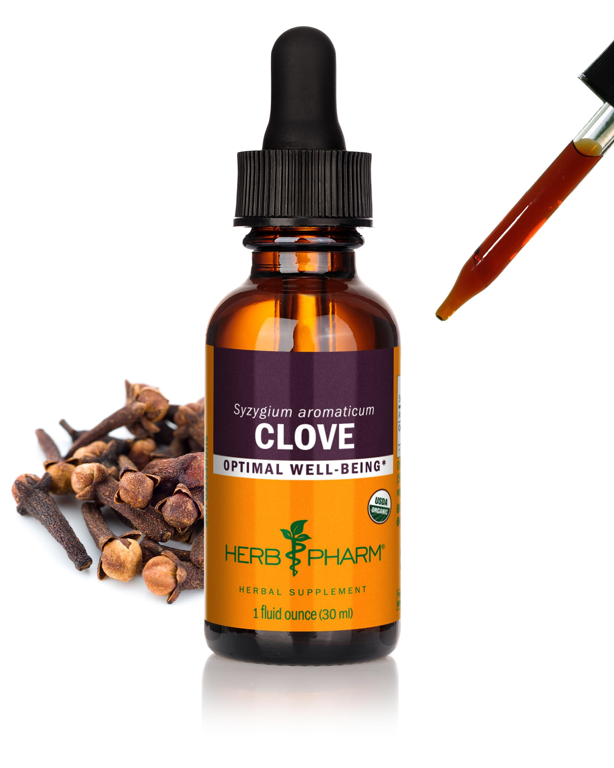 Herb Pharm frontal del envase mostrando extracto y beneficios orgánicos