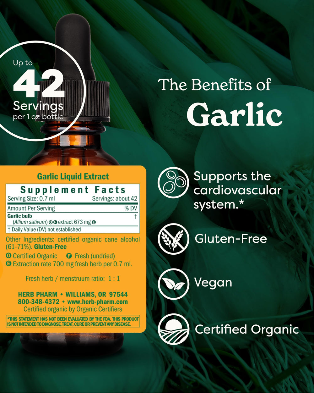 Herb Pharm detalle del rótulo con certificación orgánica y beneficios claros