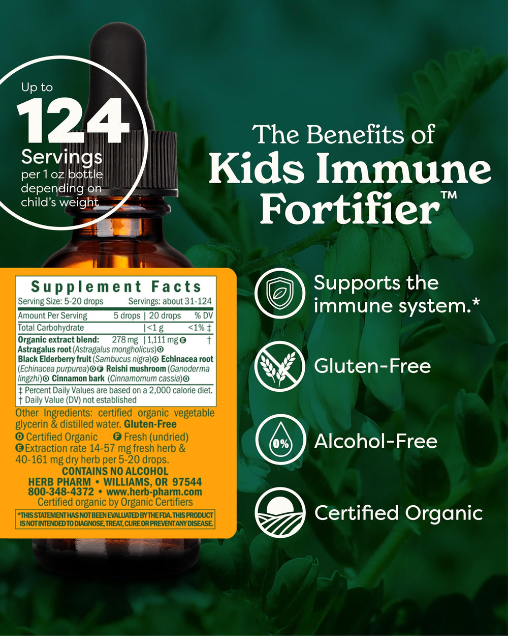 Herb Pharm detalle de la etiqueta con instrucciones y beneficios, facilita lectura rápida