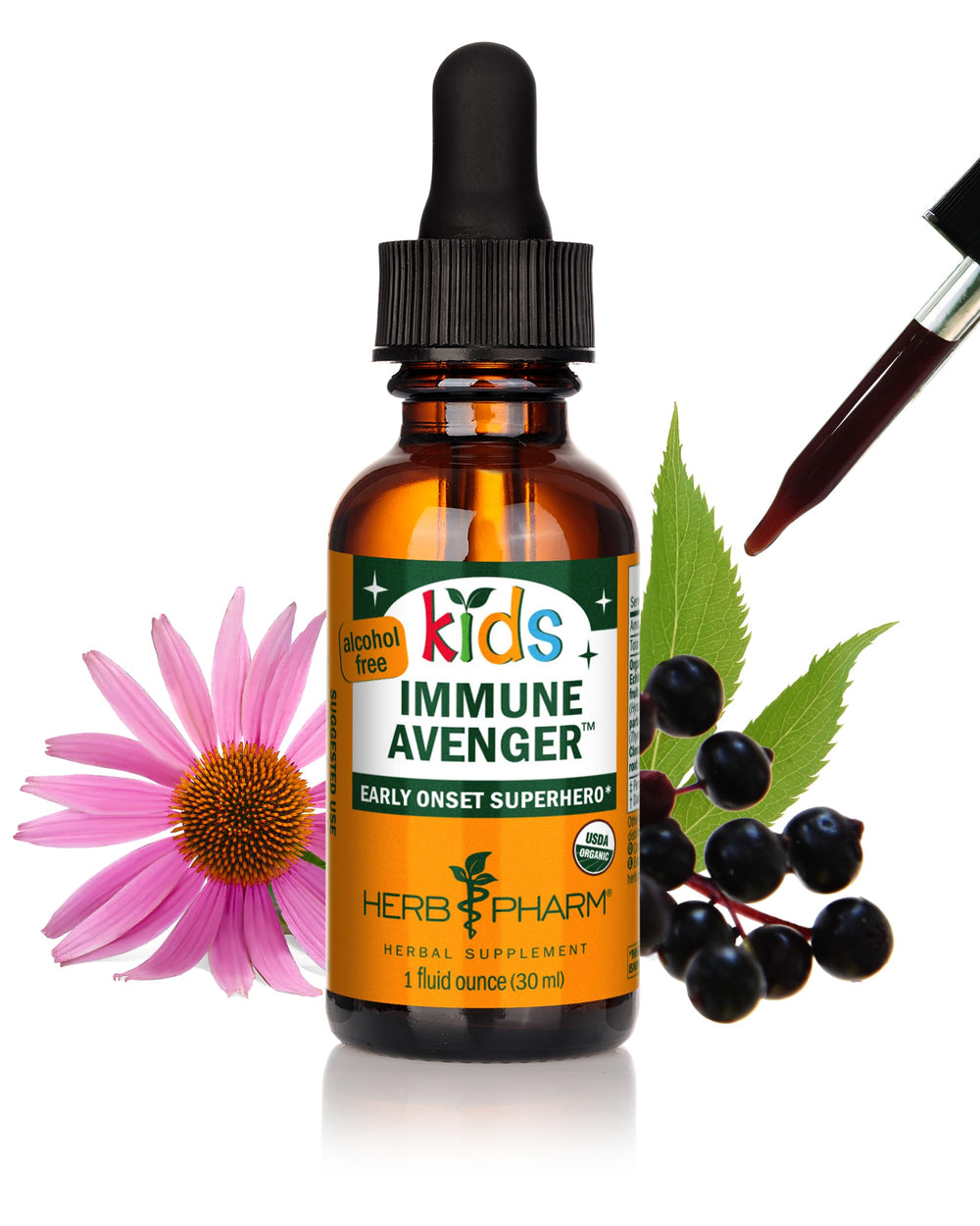 Herb Pharm frente del empaque mostrando botella y marca, confianza familiar