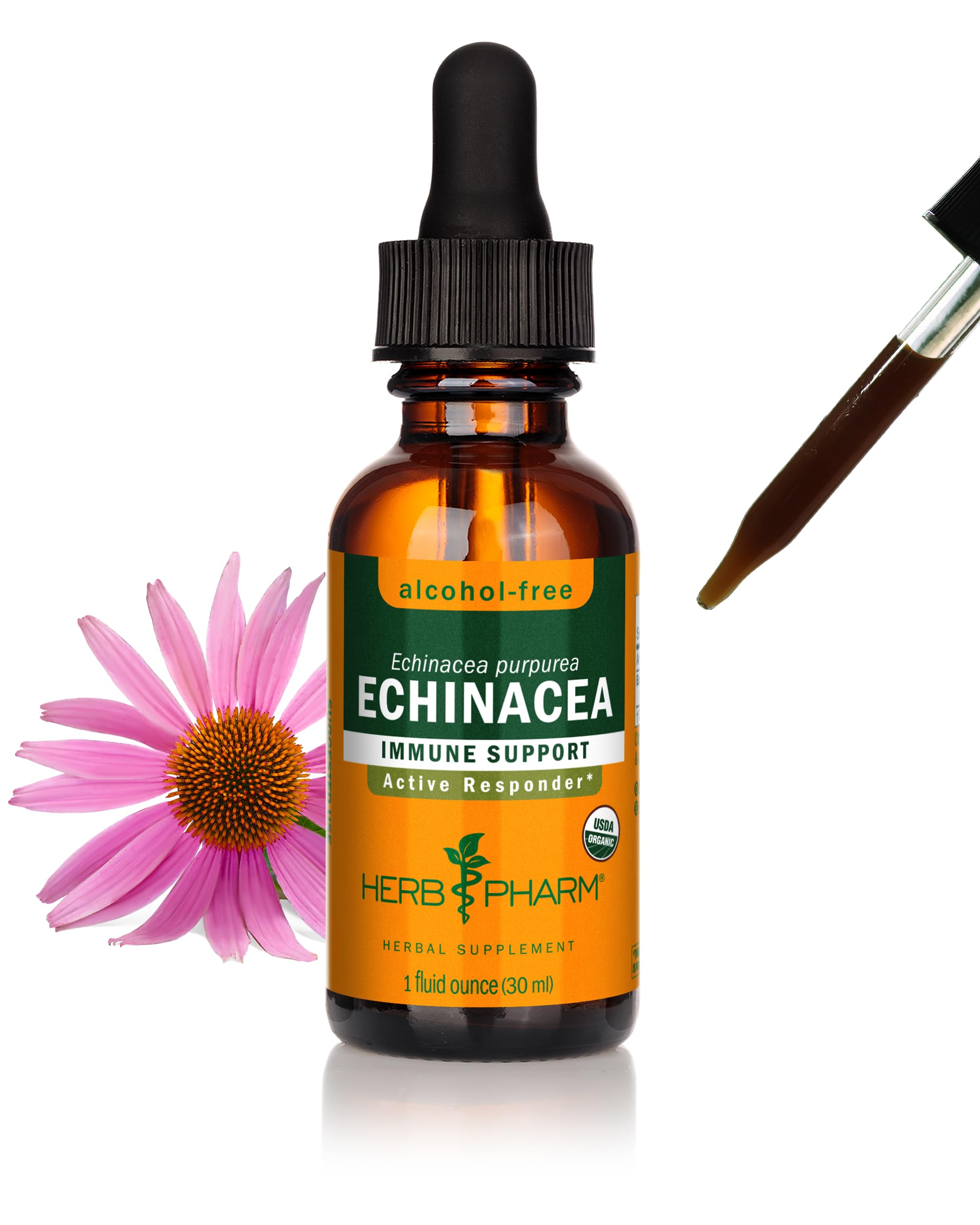 Herb Pharm botella frontal mostrando diseño y tamaño, confianza en calidad