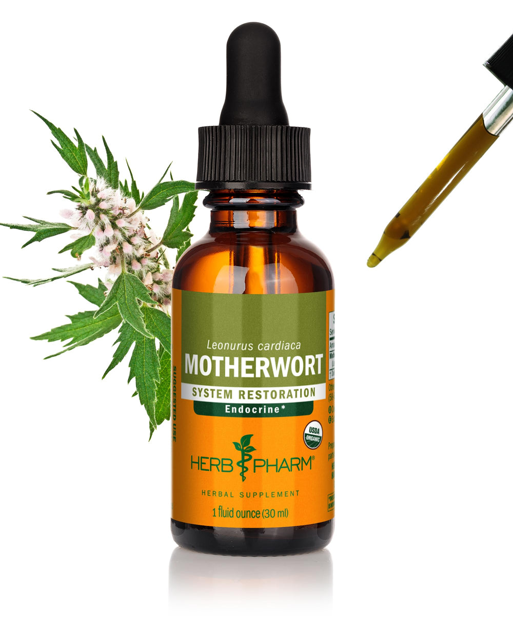 Herb Pharm botella frontal mostrando el extracto orgánico y su beneficio de absorción rápida