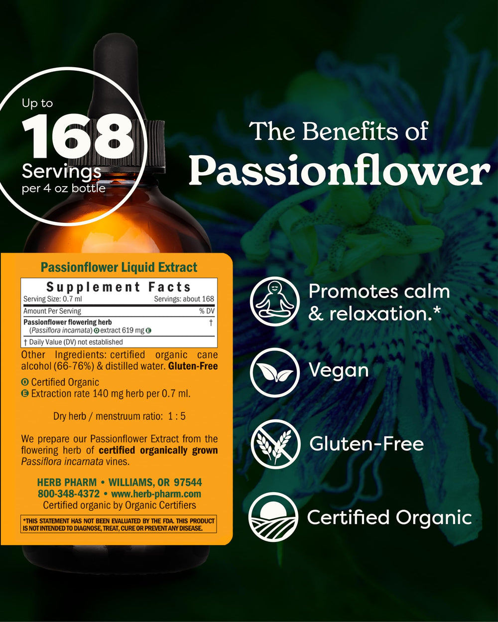Herb Pharm etiqueta de Passionflower enfocada, muestra certificación orgánica y confianza