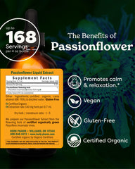 Herb Pharm etiqueta de Passionflower enfocada, muestra certificación orgánica y confianza