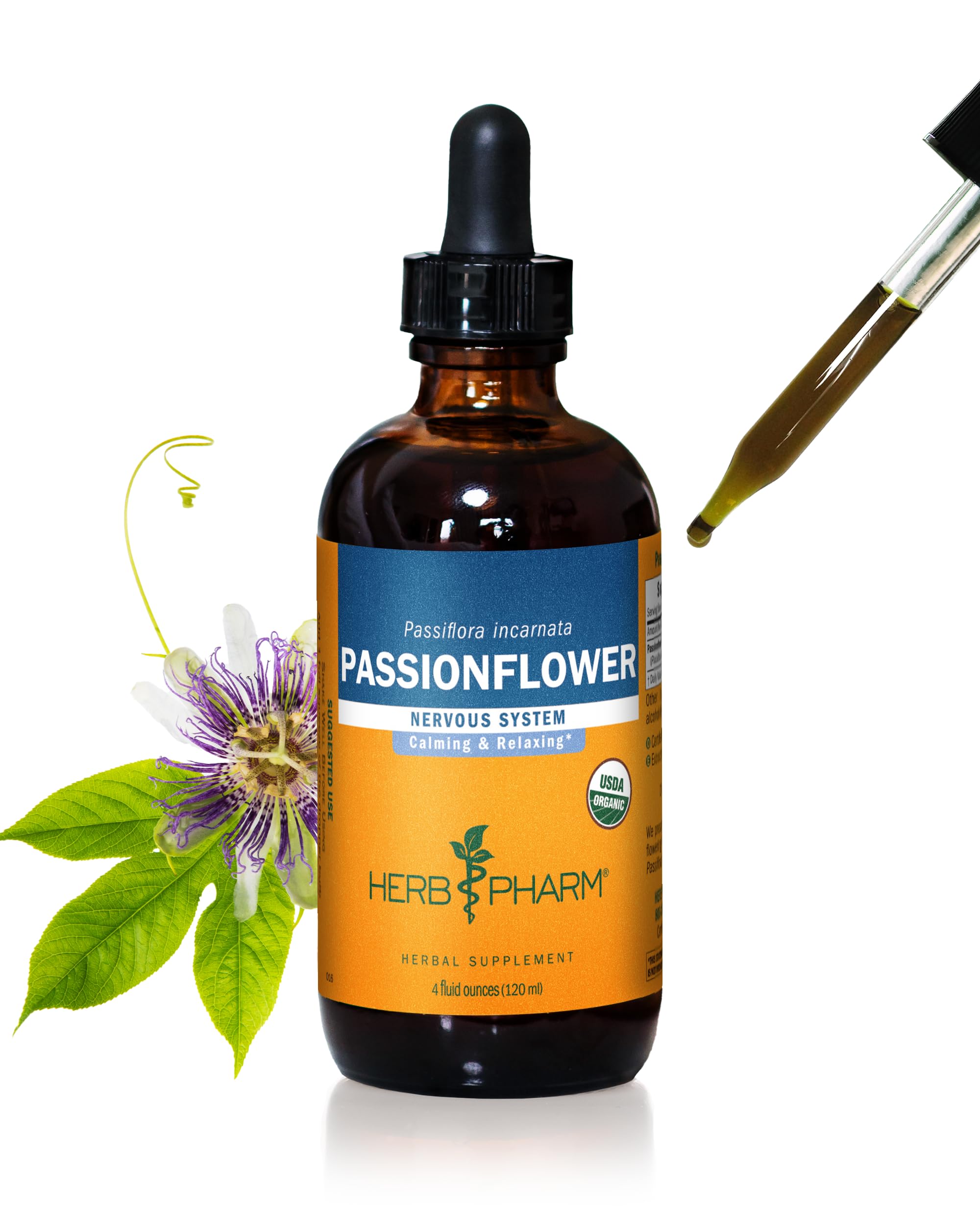 Herb Pharm frasco frontal de Passionflower, presentación clara y beneficio de dosificación precisa