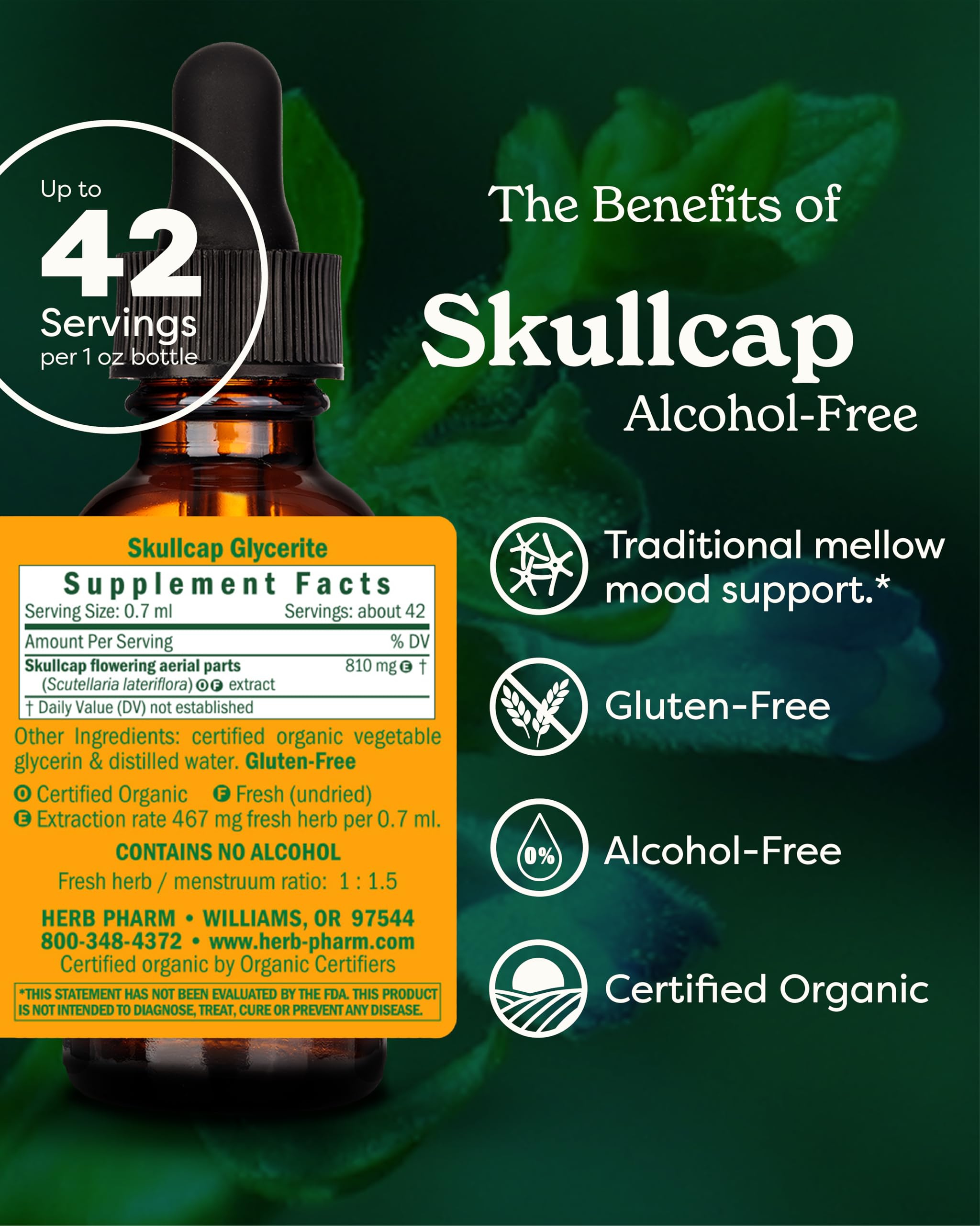 Primer plano de la etiqueta Herb Pharm Skullcap indicando orgánico y sin alcohol