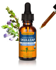 Herb Pharm frasco Skullcap al frente mostrando presentación y garantía de calidad