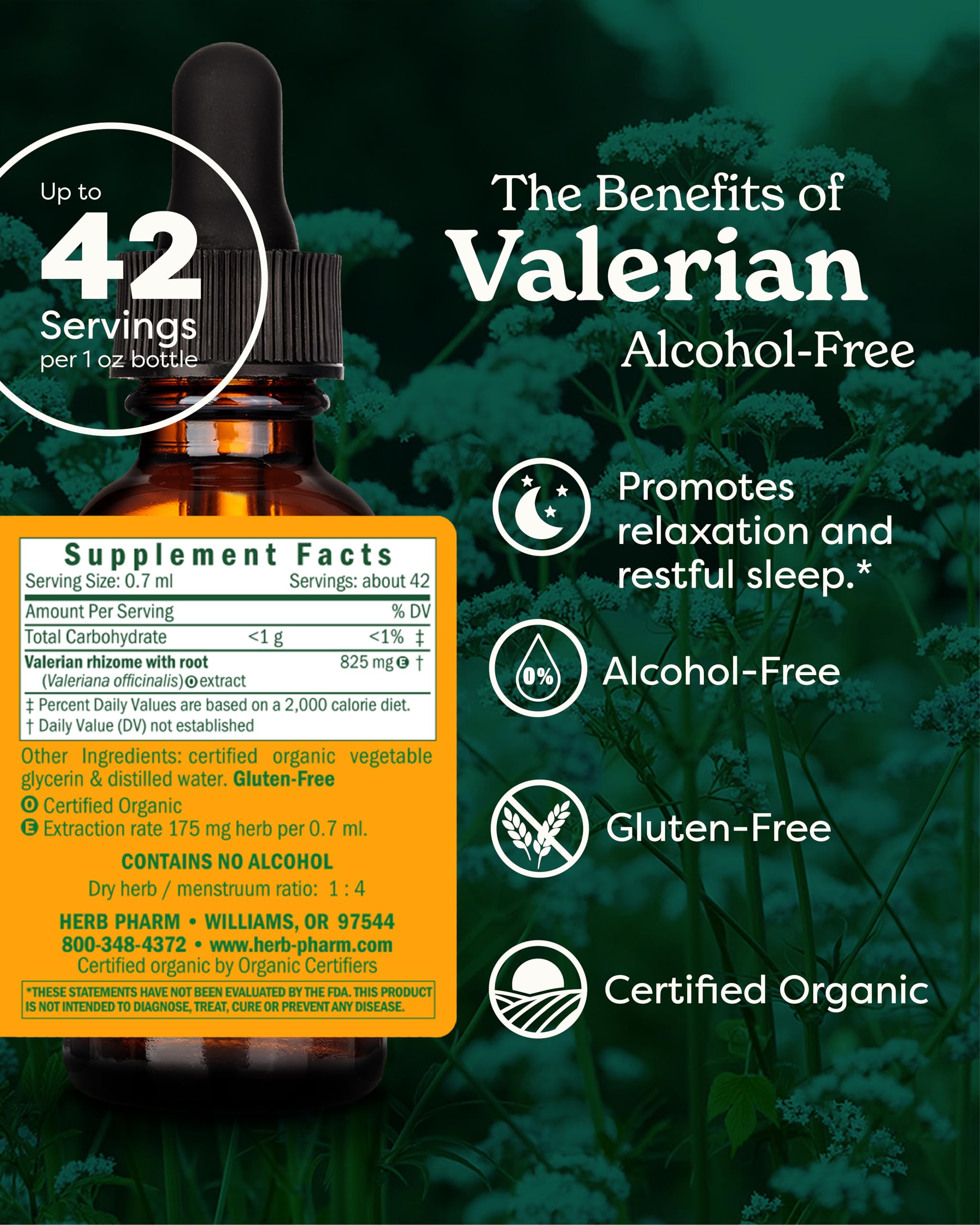 Herb Pharm etiqueta con ingredientes claros y certificaciones, confianza en calidad