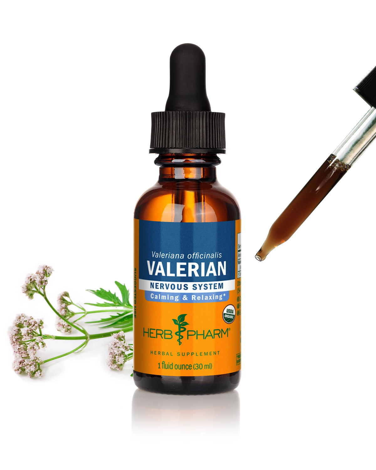 Herb Pharm frasco frontal mostrando etiqueta orgánica y beneficio de relajación