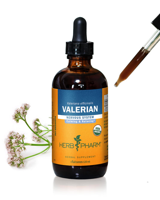 Herb Pharm botella frontal con extracto de valeriana, formato 4 oz beneficiosa para relajación