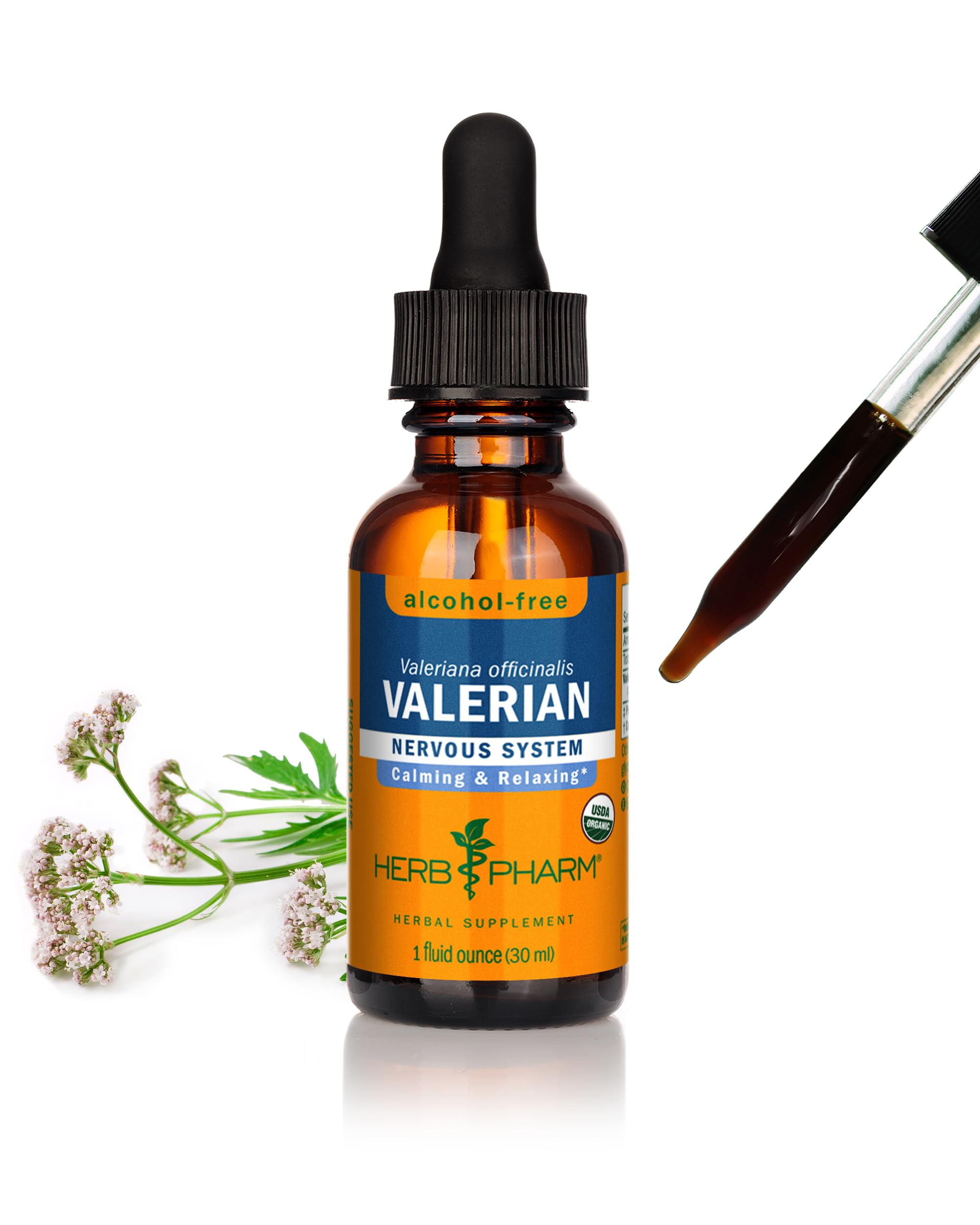 Herb Pharm botella frontal mostrando etiqueta y volumen, claridad en la presentación