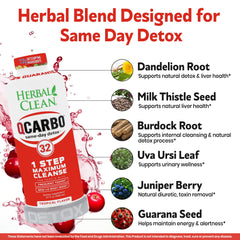 Botella Herbal Clean Qcarbo32 junto a un vaso para apreciar tamaño real