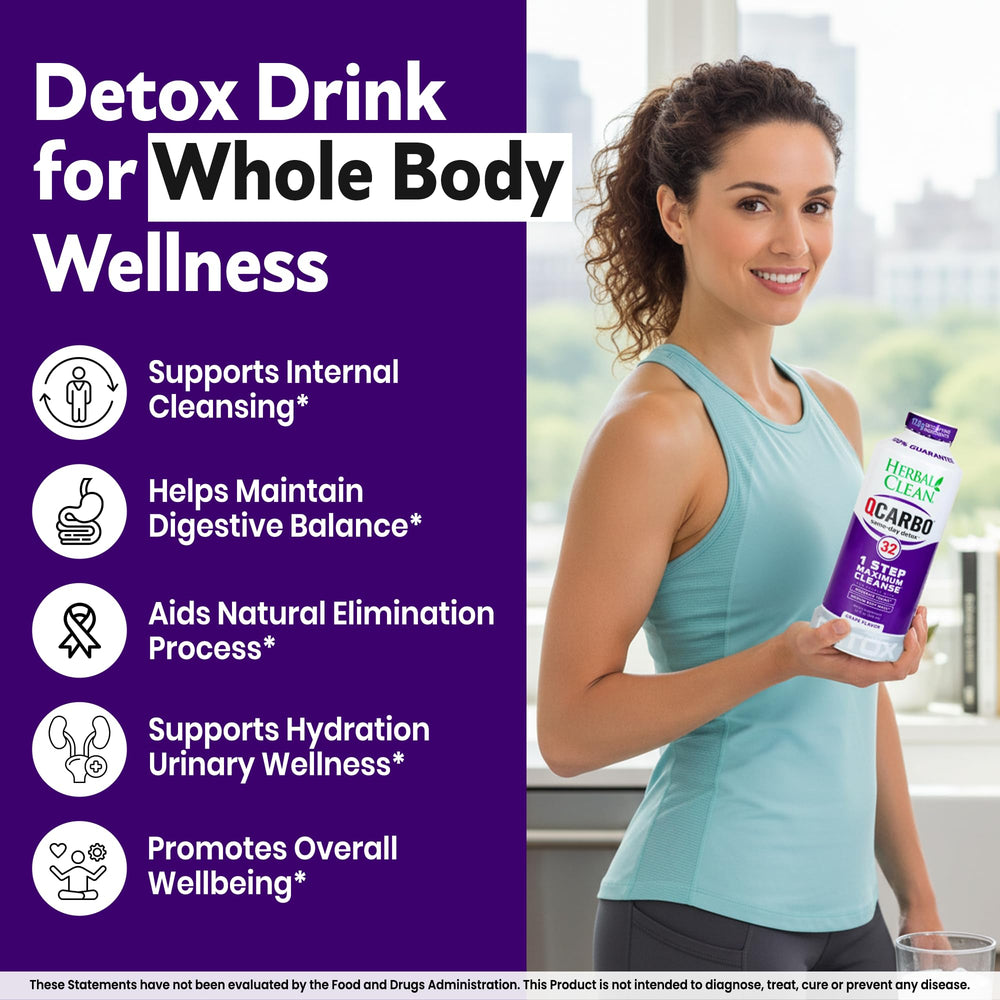 Herbal Clean Qcarbo32 etiqueta con instrucciones claras y beneficios visibles