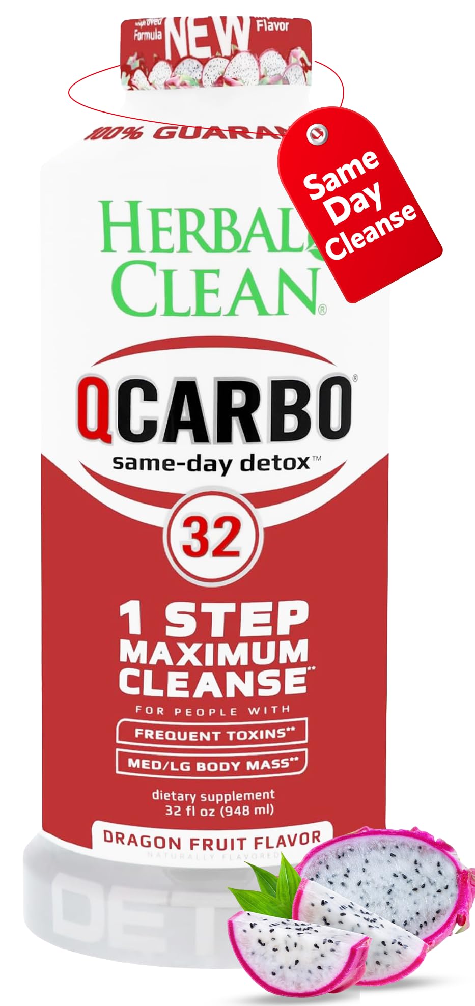 Herbal Clean Qcarbo32 frente del empaque mostrando sabor y tamaño, comodidad de uso