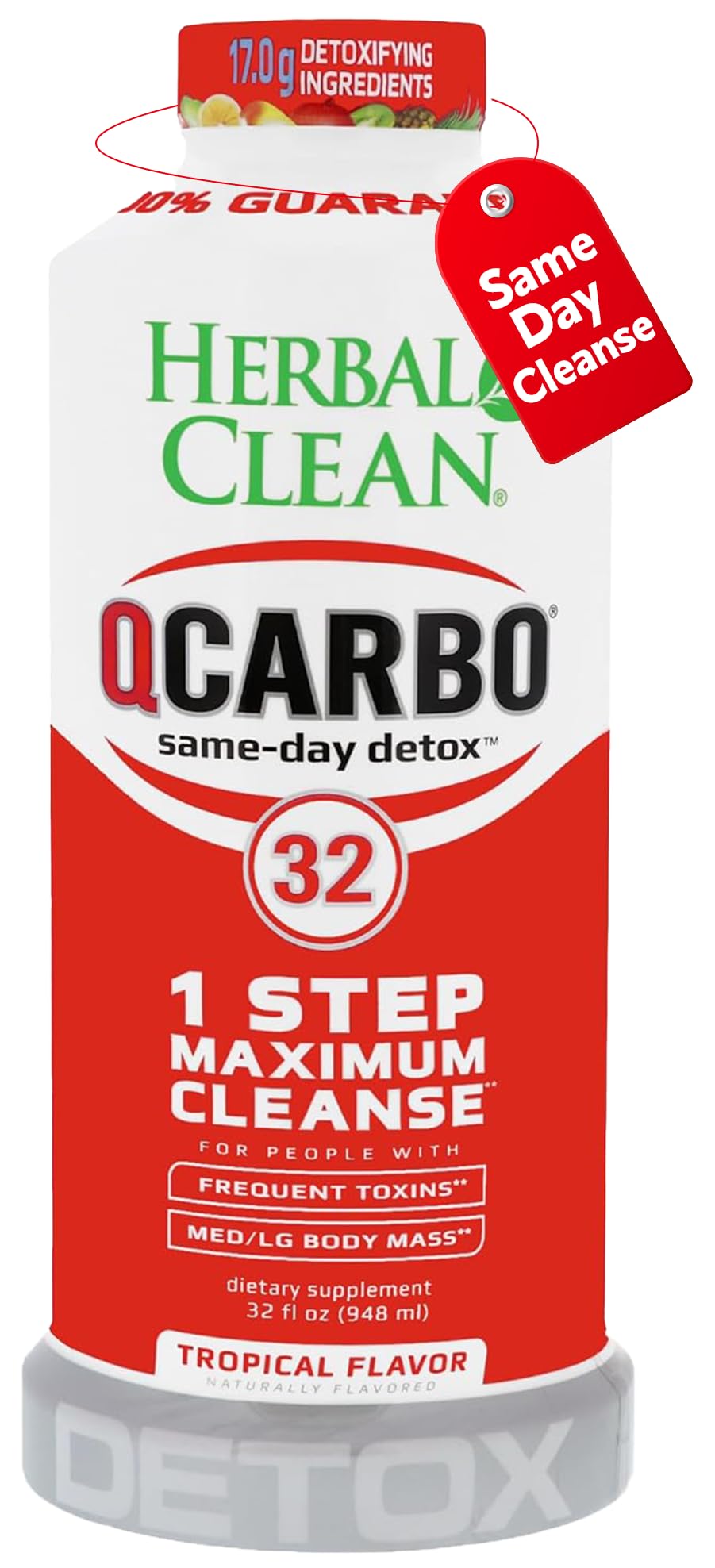 Herbal Clean Qcarbo32 vista frontal del envase con sabor tropical y guía de uso