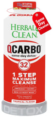 Herbal Clean Qcarbo32 vista frontal del envase con sabor tropical y guía de uso