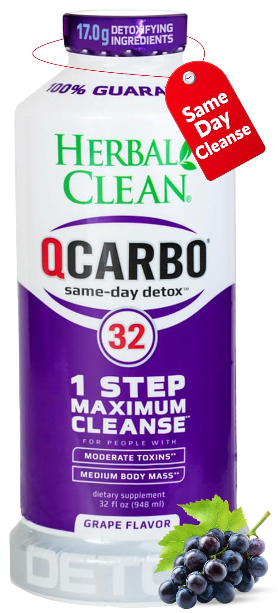 Herbal Clean Qcarbo32 frontal mostrando botella y sabor uva, conveniencia portable