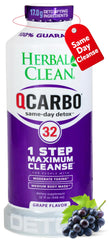 Herbal Clean Qcarbo32 frontal mostrando botella y sabor uva, conveniencia portable