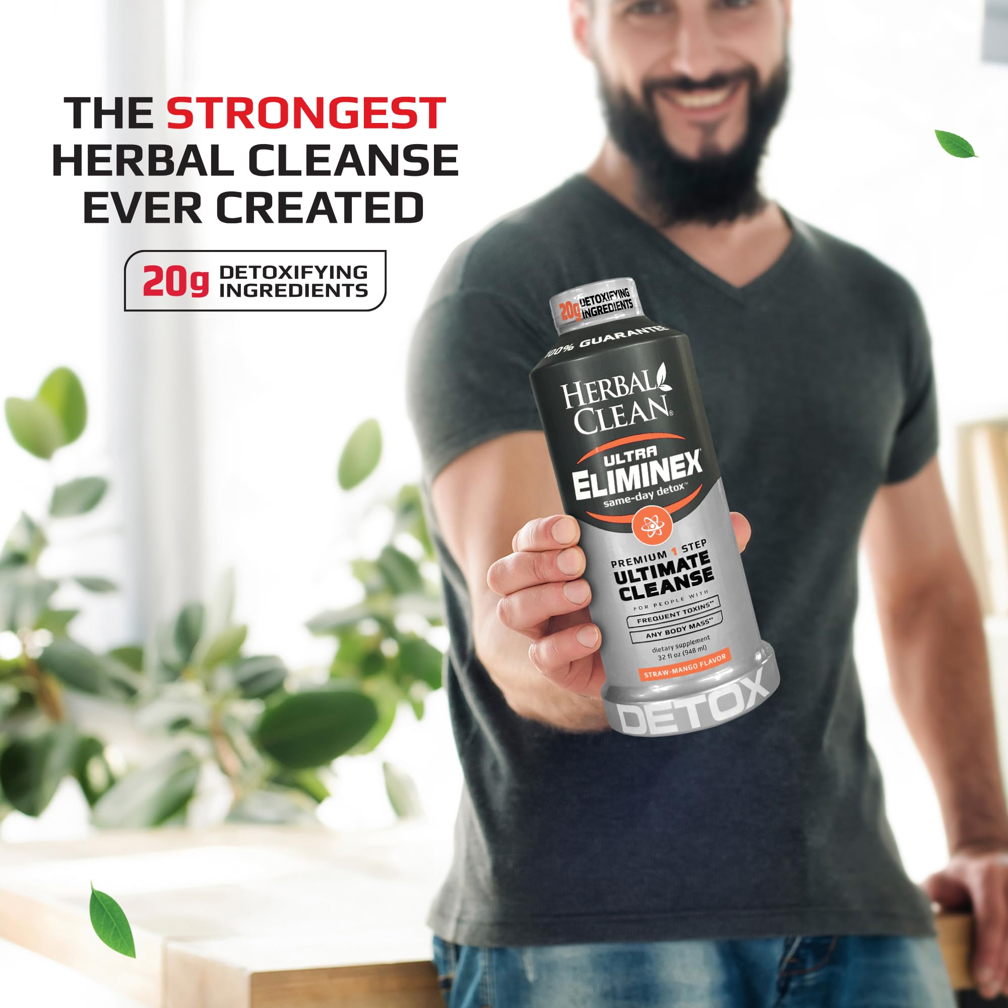 Comparación de tamaño de la botella Herbal Clean 32 fl oz junto a una taza para referencia