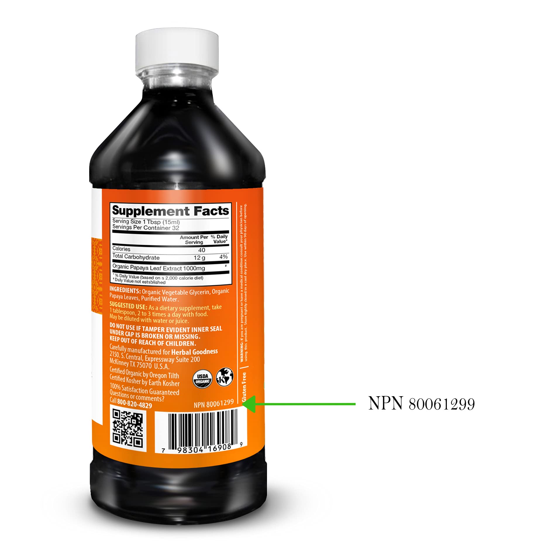 Herbal Goodness detalle de la etiqueta con ingredientes orgánicos y origen