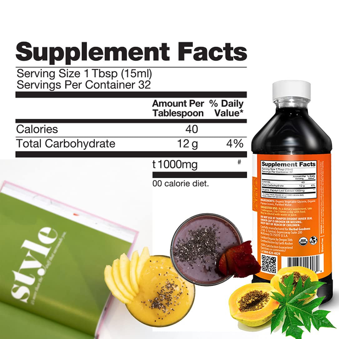Herbal Goodness hojas de papaya frescas junto al producto para mostrar origen