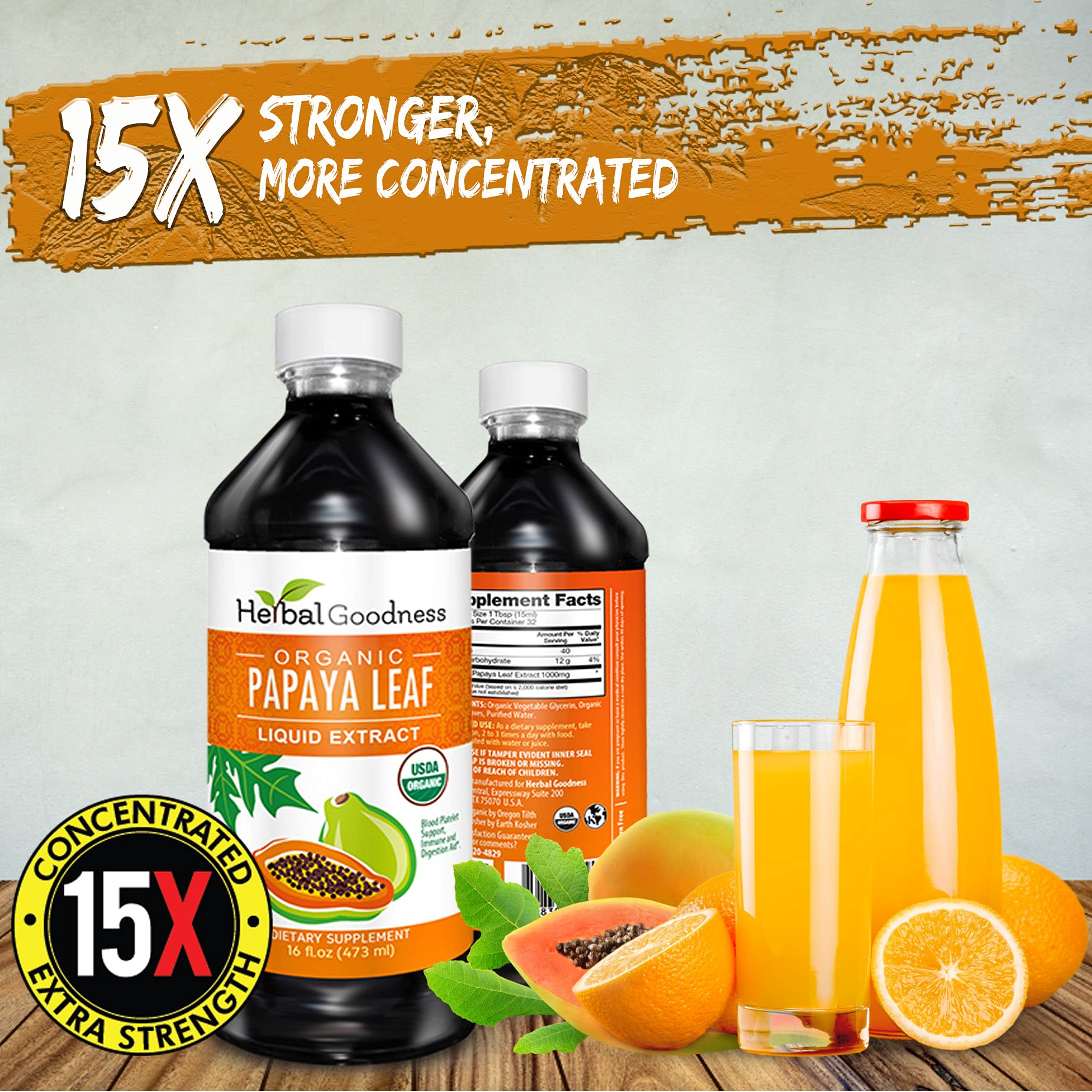 Herbal Goodness botella junto a un batido matutino para consumo diario