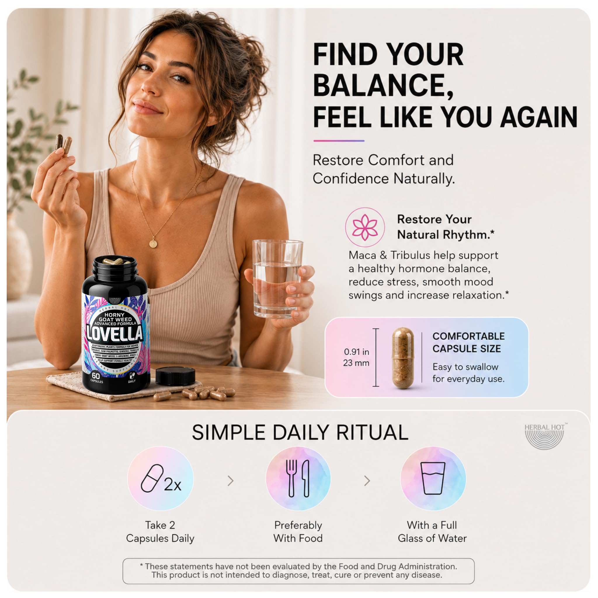 HERBAL HOT Lovella cápsulas en botella abierta ofrece conveniencia diaria