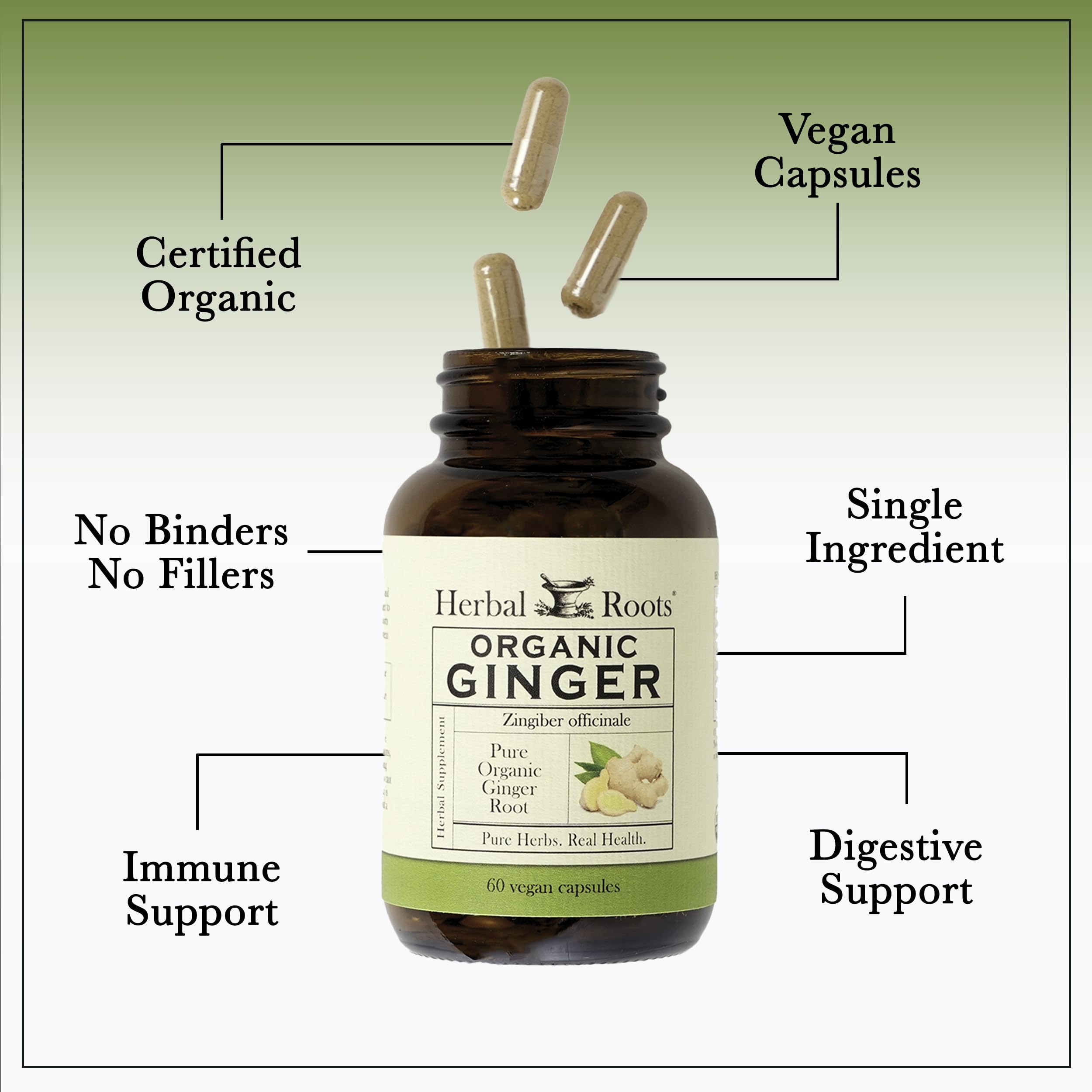 Herbal Roots primer plano de etiqueta con certificación USDA y cGMP visible