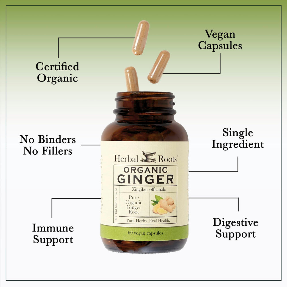Herbal Roots primer plano de etiqueta con certificación USDA y cGMP visible