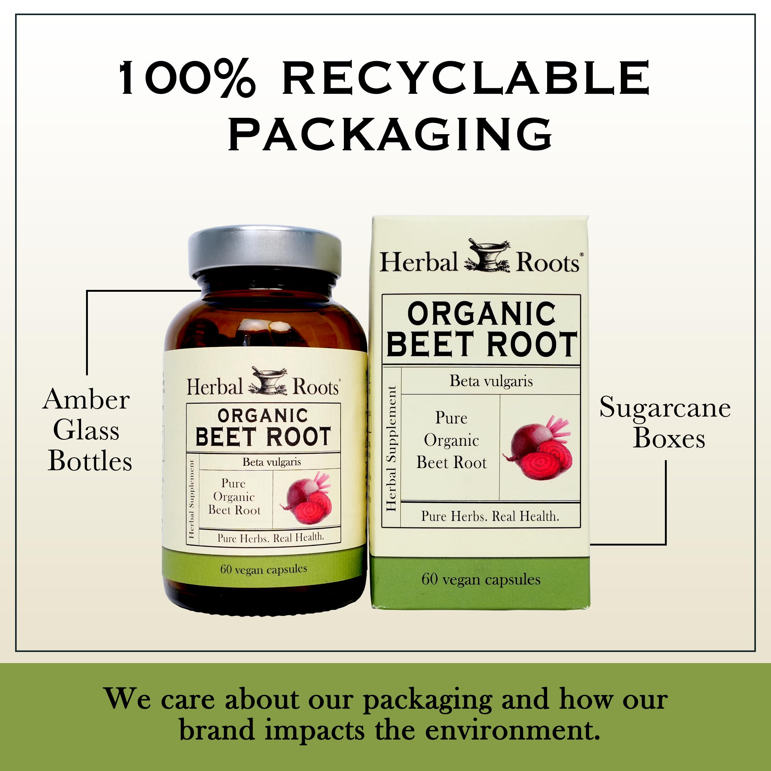 Etiqueta Herbal Roots con certificación USDA Organic y sello de pruebas de terceros, respaldo visible