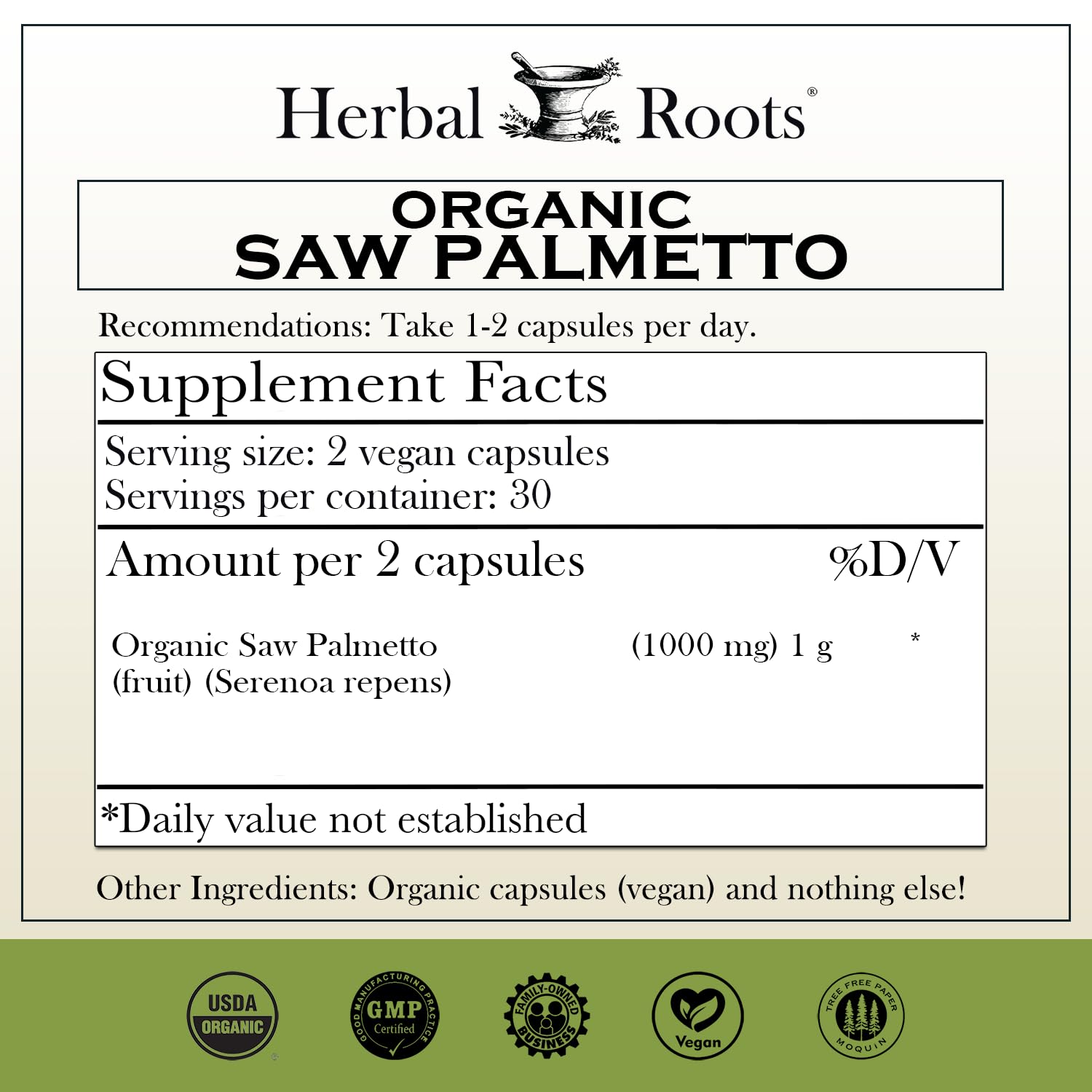 Herbal Roots etiqueta detalle con lista de ingredientes y sellos de calidad