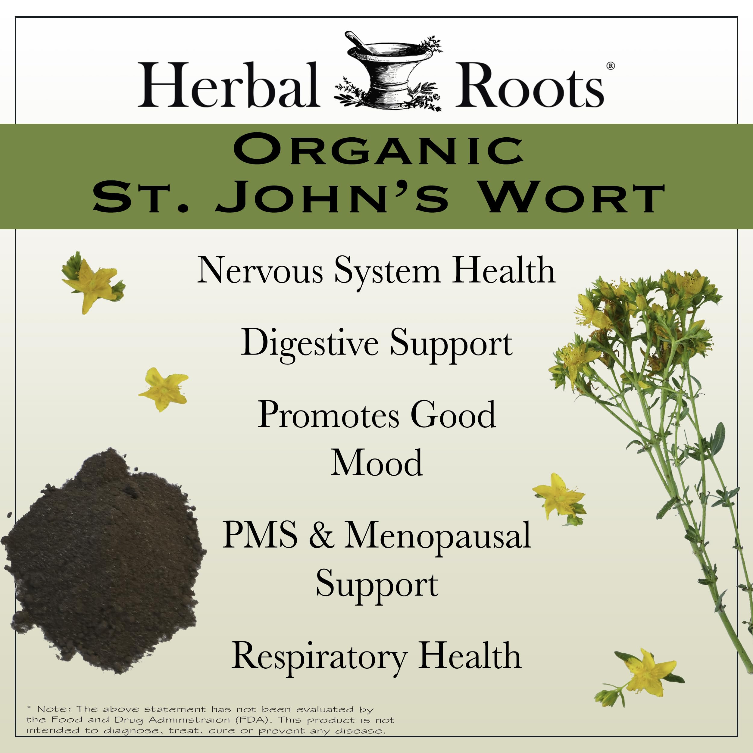 Herbal Roots etiqueta con información de 450 mg por ración y sello cGMP
