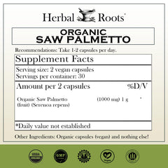 Herbal Roots etiqueta detalle con lista de ingredientes y sellos de calidad