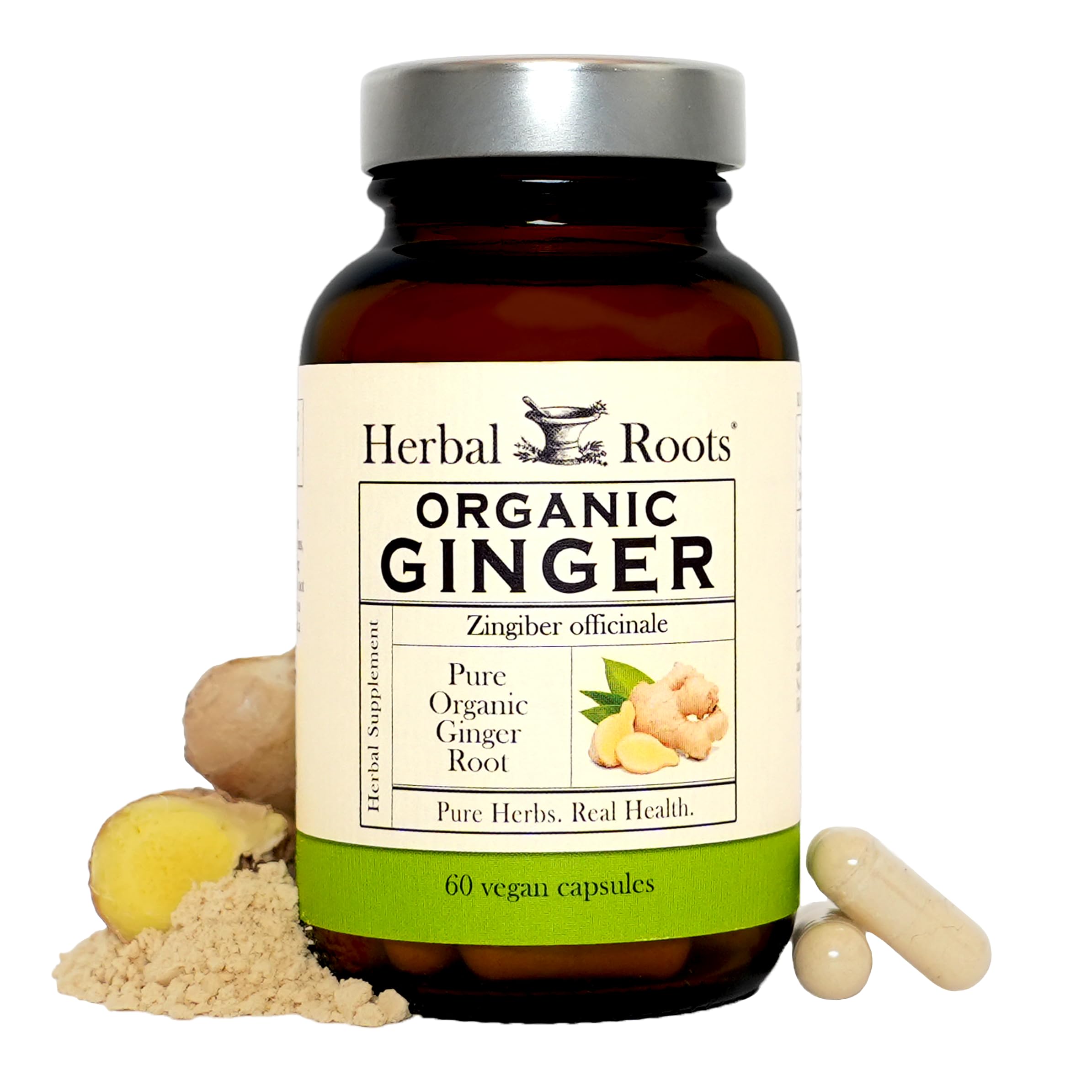 Herbal Roots frasco delante mostrando etiqueta orgánica y beneficios claros