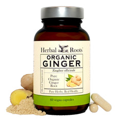 Herbal Roots frasco delante mostrando etiqueta orgánica y beneficios claros