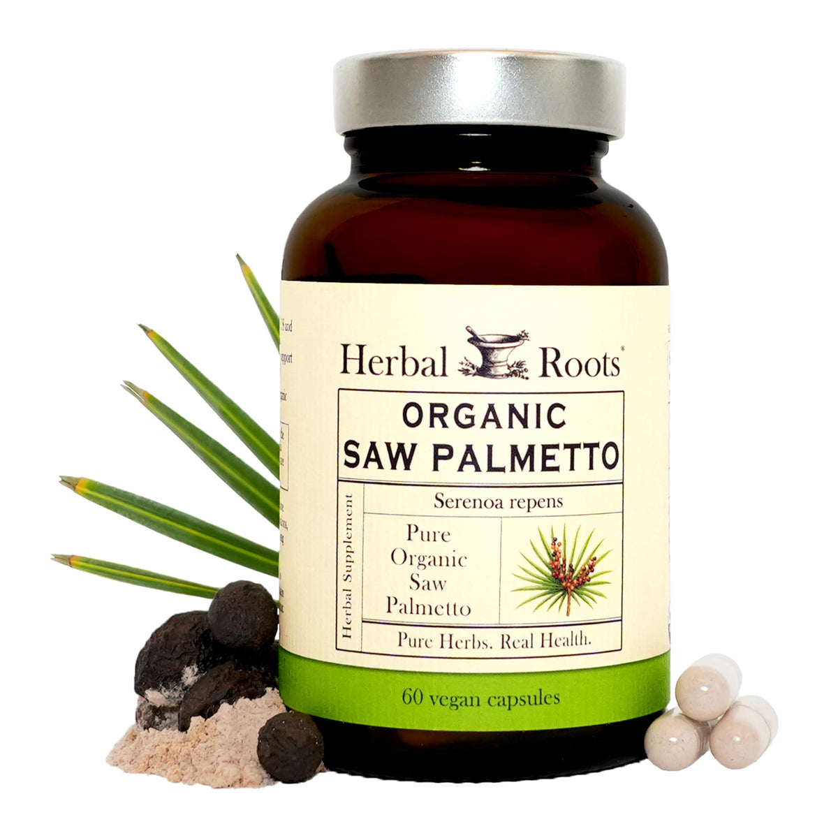 Herbal Roots frasco delantero mostrando diseño y certificación orgánica