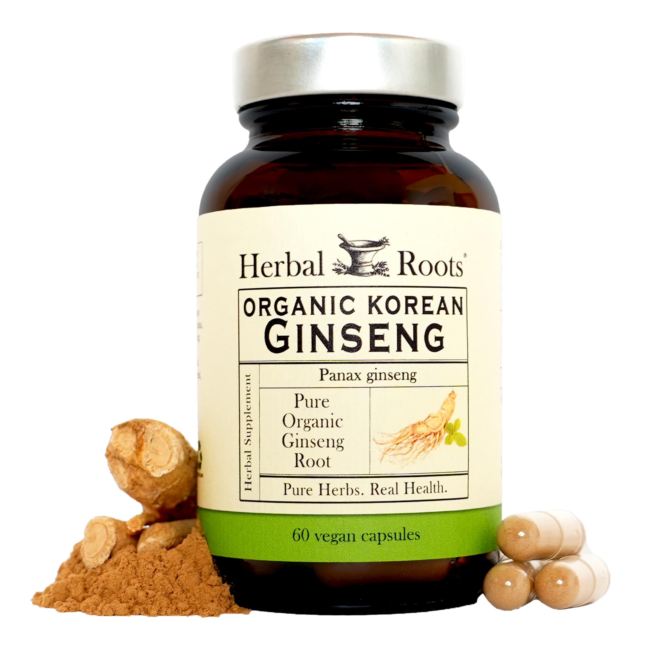 Herbal Roots frasco frontal mostrando etiqueta y beneficios