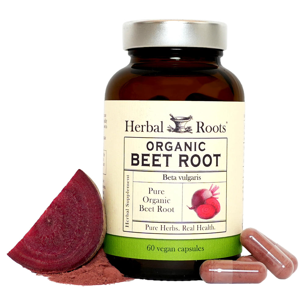 Herbal Roots frasco frontal mostrando 60 cápsulas y etiqueta clara, confianza en la elección
