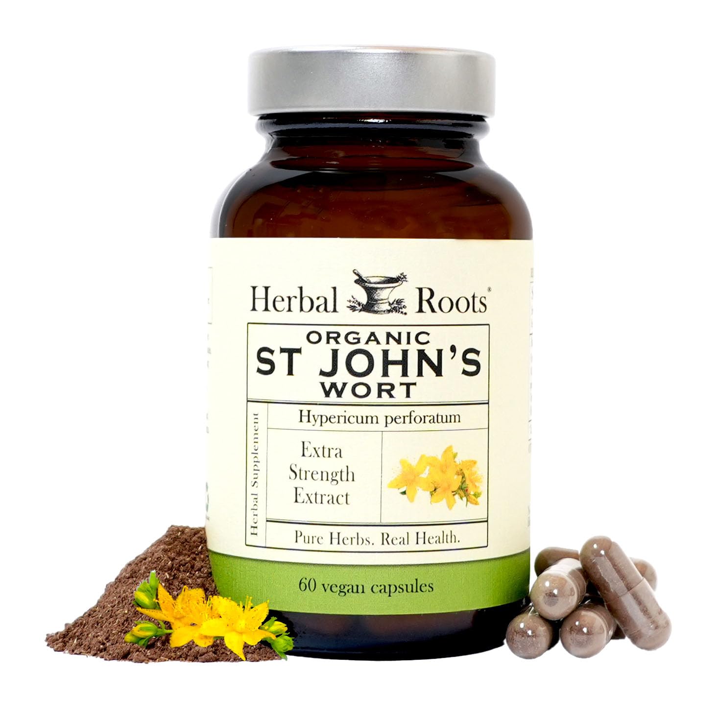 Herbal Roots frasco frontal mostrando 60 cápsulas, presenta pureza y concentración