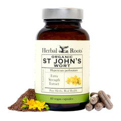 Herbal Roots frasco frontal mostrando 60 cápsulas, presenta pureza y concentración