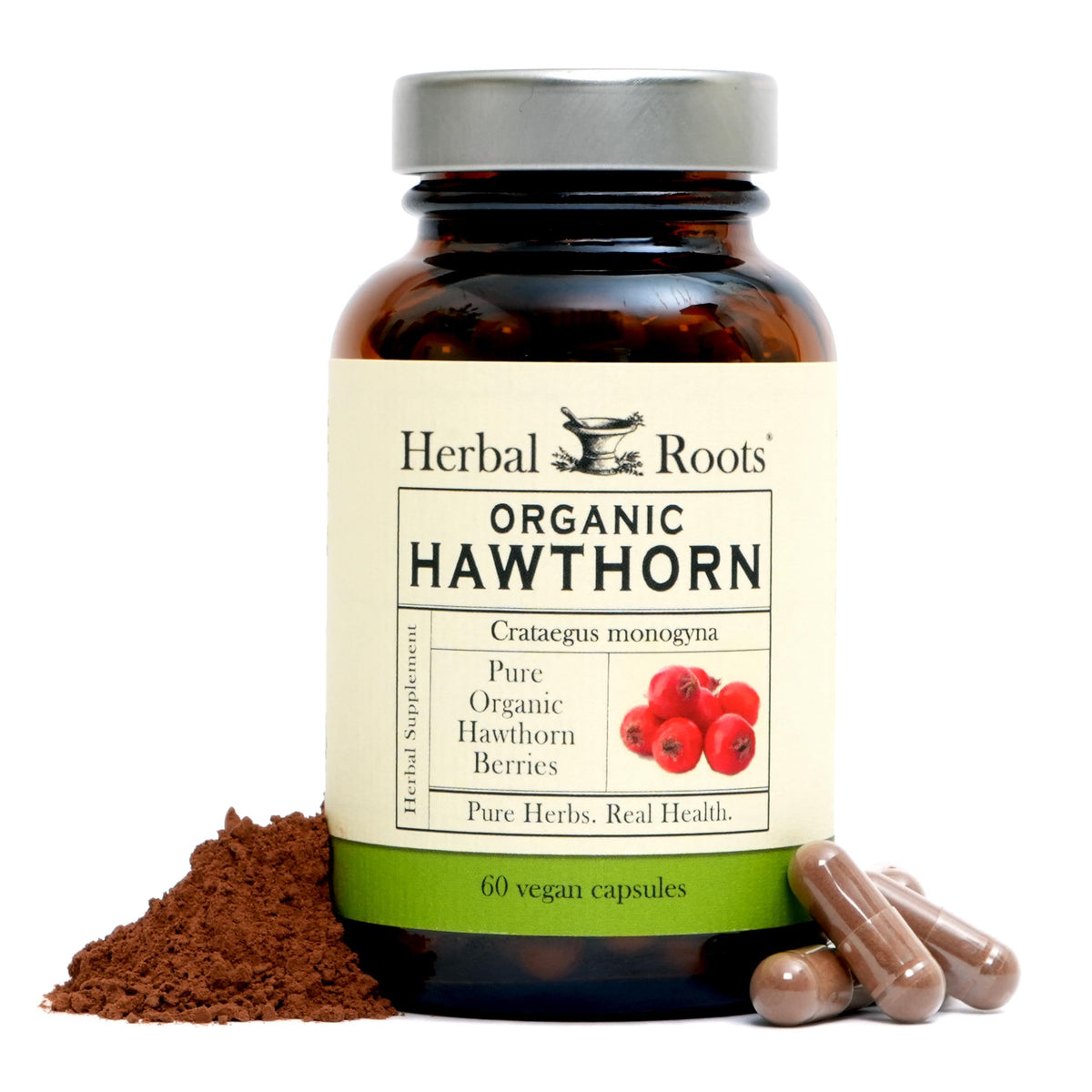 Herbal Roots vista frontal del frasco con etiqueta clara y beneficio de pureza