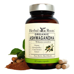 Herbal Roots frasco frontal mostrando etiqueta orgánica y beneficio de pureza