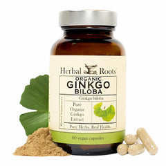 Herbal Roots frente del envase mostrando la certificación orgánica y la confianza