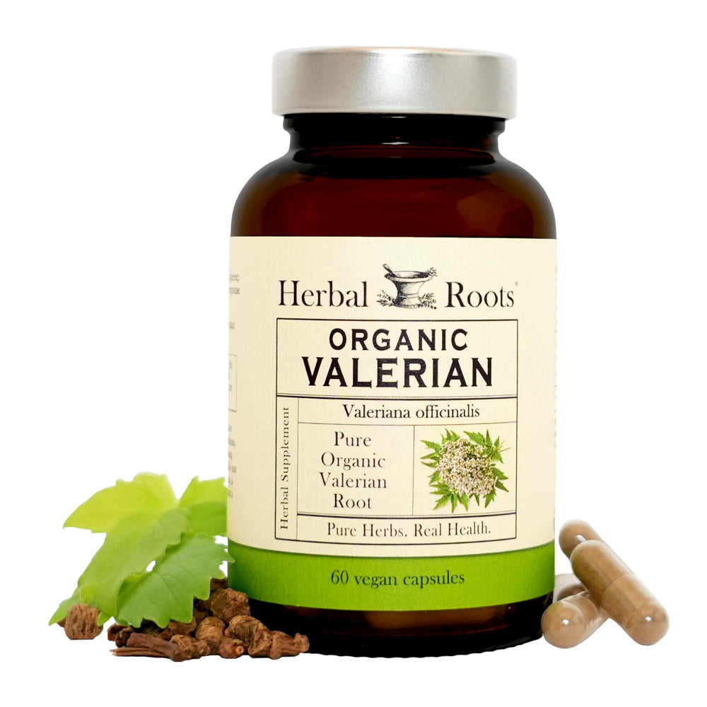 Herbal Roots envase frontal mostrando 60 cápsulas y diseño orgánico