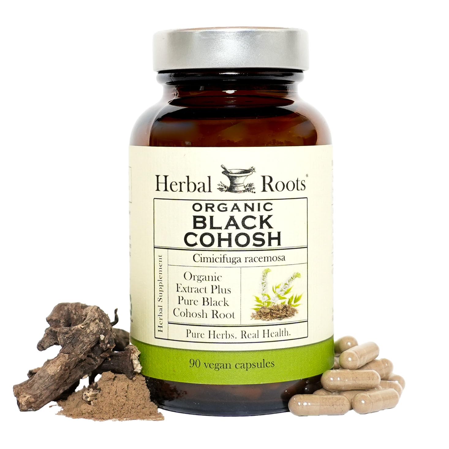 Herbal Roots envase frontal mostrando 90 cápsulas y etiqueta orgánica para confianza
