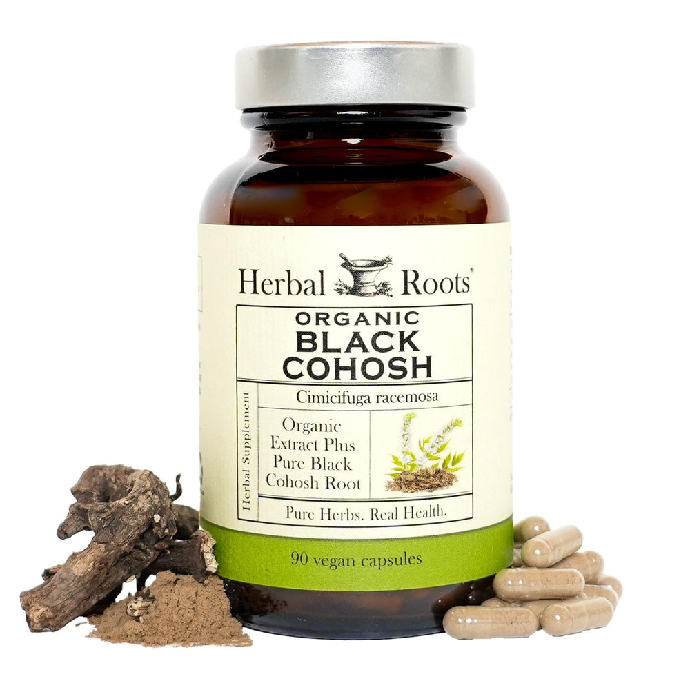 Herbal Roots envase frontal mostrando 90 cápsulas y etiqueta orgánica para confianza