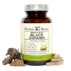 Herbal Roots envase frontal mostrando 90 cápsulas y etiqueta orgánica para confianza